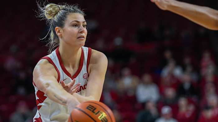 Arkansas Razorbacks Saylor Poffenbarger against Texas A&M on Sunday.